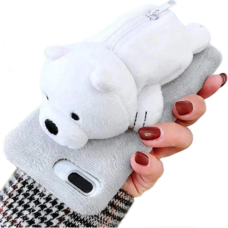 

For iPhone Cute Fuzzy Furry Rabbit Hair Warm Plush Fur 3D Polar Bear and Panda Toy Doll Novelty Coin Purse Zipper Soft TPU Case