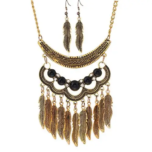 

Women Vintage Leaves Tassels Pendant Choker Necklace Hook Earrings Jewelry Set indian