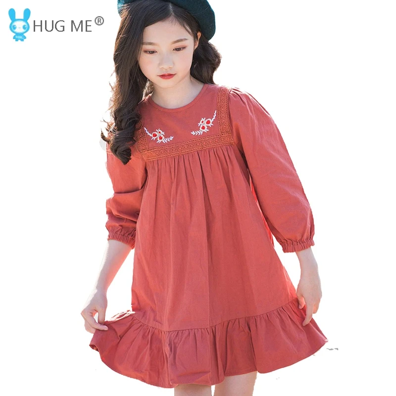 

2018 Autumn New Arrival Teen Dresses for Girls Age 5 to 14 Years Three Quarter Sleeve Embroidered Cotton Dresses for Children