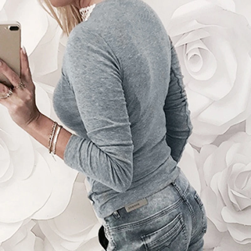 Women Long Sleeve Lace Patchwork T-shirt 2018 Spring Autumn Female Sexy Tshirt Tops Gray Pink Crew Neck Elegant Slim Tee Shirt