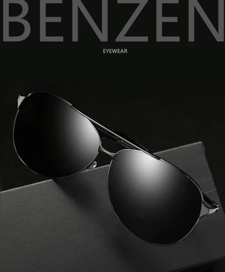 Бензола поляризованных солнцезащитных очков Для мужчин большой кадр Винтаж пилотные мужские солнцезащитные очки Классические поляризованные солнцезащитные очки для вождения, черного цвета с Чехол 9031