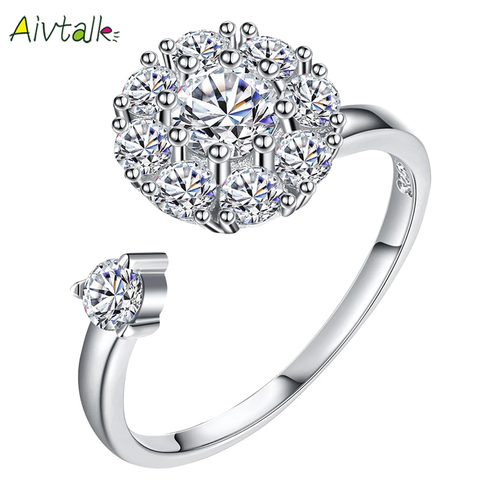 Aivtalk Jewelry Elegant 925 Sterling Silver Rotatable Rings for Women Open Free Size Crystar Studded Best Wedding Gift | Украшения и
