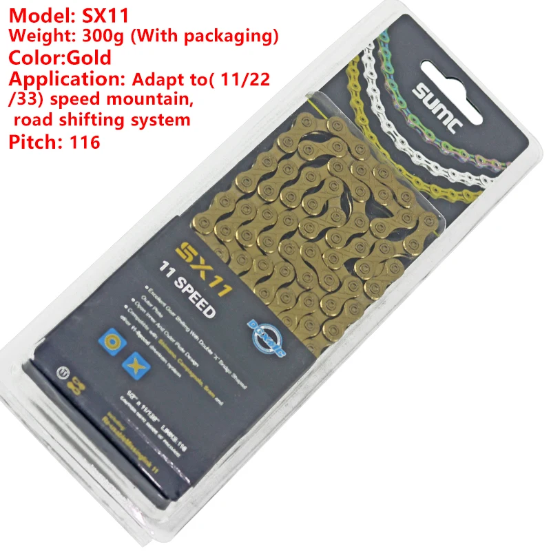 Top Sumc 116L Gold Bike Chain X8 X9 X10 X10sl X11SL Super Light For 8 9 10 11 12 Speed MTB/Road Bicycle Compatible SRAM 17