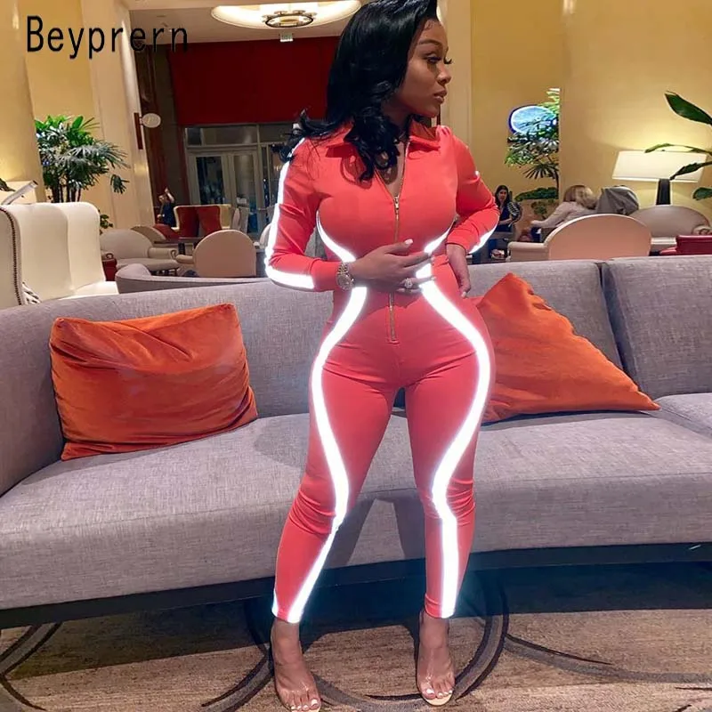 

Beyprern Fashion Womens Zipper Front Fluorescent Long Sleeve Reflective Jumpsuit Shiny Reflective Striped Sexy Jumpsuits Rompers