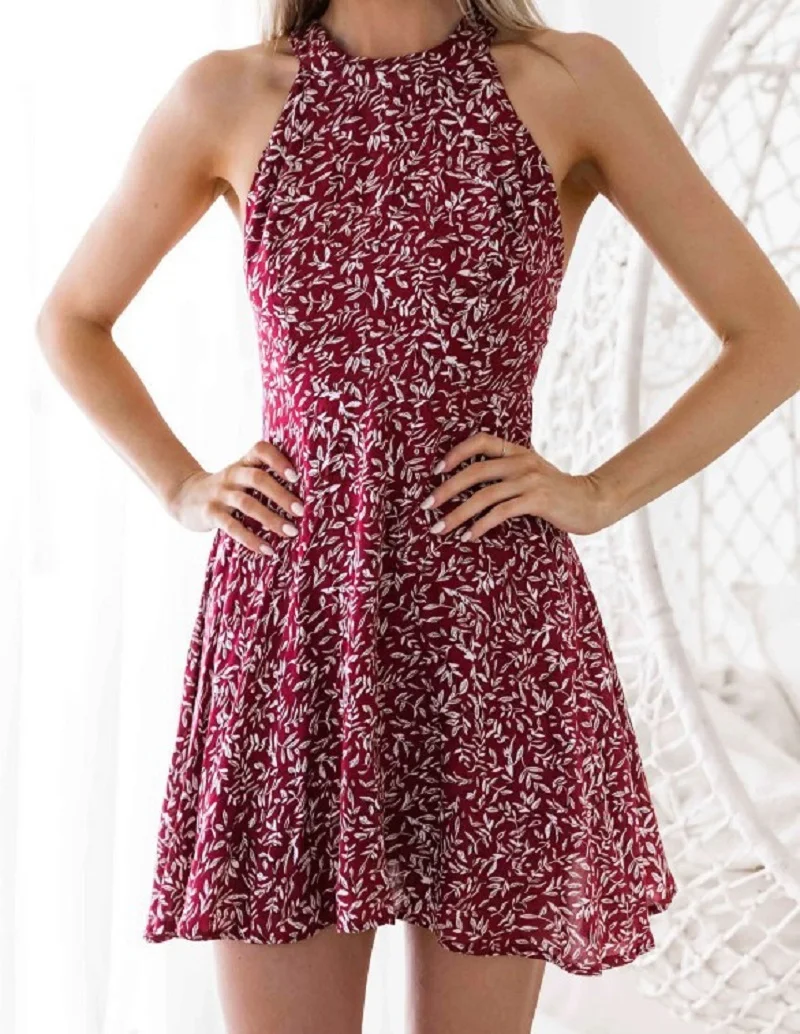 

Spring & Summer Fashion Women Flower Printed Mini Dress Sleeveless Backless Halter Dresses