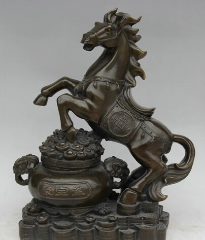 

JP S0522 17 Chinese Bronze Folk Wealth treasure bowl Zodiac Year Horse Statue sculpture