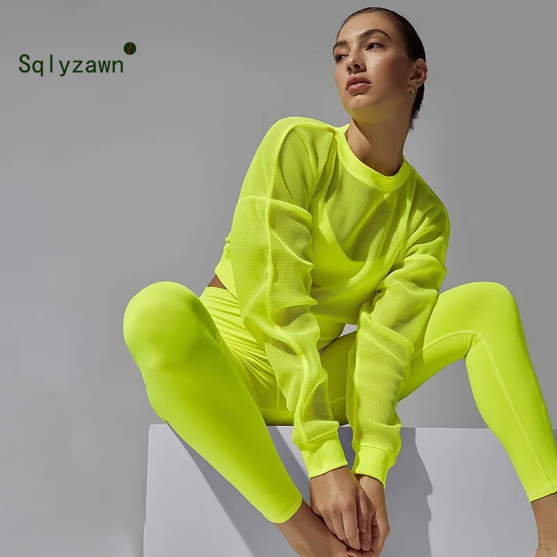 

2019 Sexy See Though Mesh Tops Neon Green Long Sleeve Pullovers Women Knitted Crop Tops Hoodies Breathable Sportwear Sweatshirts