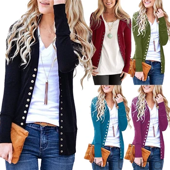 

2018 Women V-Neck Button Down Knitwear Coat Ladies Long Sleeve Casual Soft Basic Knitted Snap Cardigan New