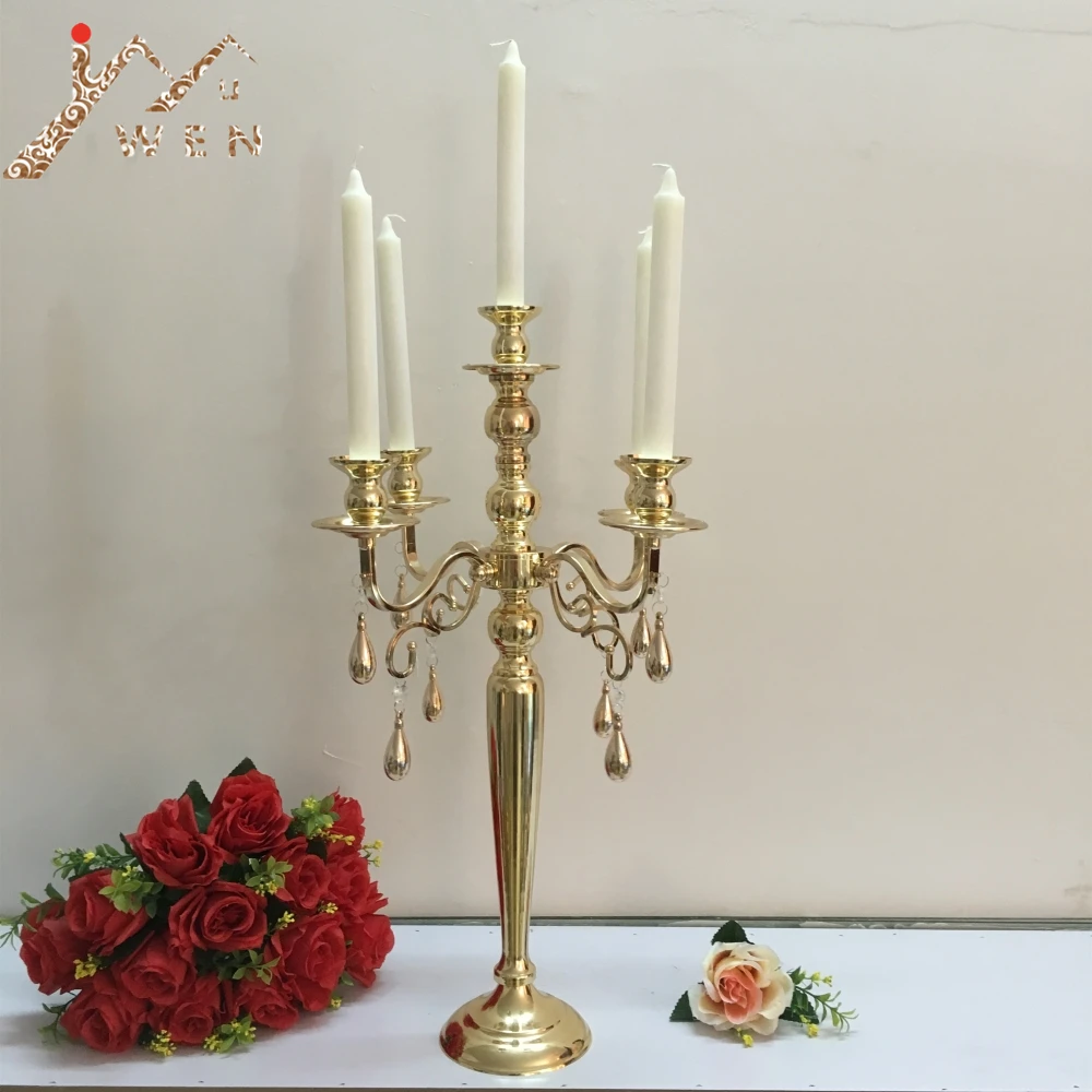 Golden 5 Heads Candelabra Candle Holder With Pendant Table Wedding