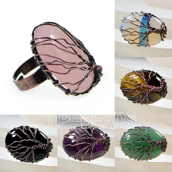 

Wholesale Natural Gems-tones Tree Life Drop Healling Reiki Chakra Ring Beads Adjust 5pcs/Lot 22x30mm