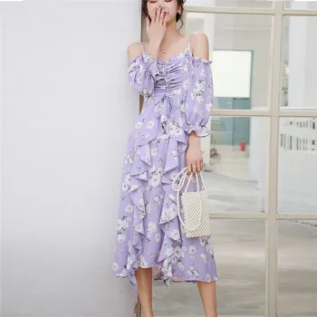 

CBAFU vintage rose print summer casual long dress women fashion purple ruffles spaghetti strap dress cute beach dress D791
