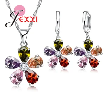 

Classic Flower Shape Pendant Necklace Earrings Sets Colorful Austrian Crystal Woman 925 Sterling Silver Jewerly Set