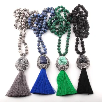 

Fashion Bohemian Jewelry Semi Precious Stones Long Knotted Natural Druzy & Tassel Pendant Necklace For Women Ethnic Necklace