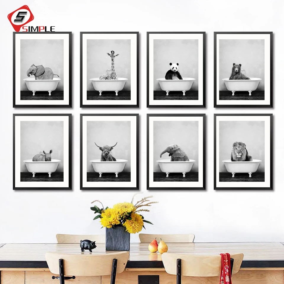 Dla dzieci zwierząt w wannie plakat Panda żyrafa słoń lew świnia krowa  obraz na płótnie przedszkole Wall Art Nordic obraz dekoracja do pokoju  dziecięcego tanie i dobre opinie