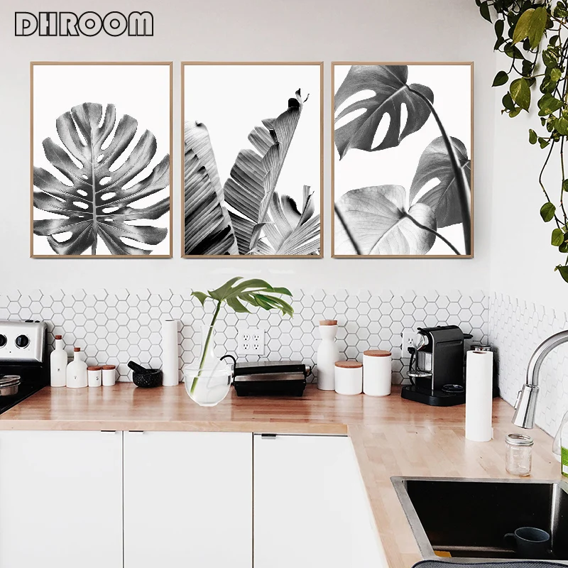Black White Leaves Wall Art Tropical Leaf Canvas Poster Print Palm Banana Leaf