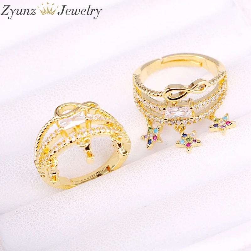 

5PCS, Gold Filled Trendy Rainbow Zirconia Wrap Rings Charm Colorful Pave CZ Setting Open Adjusable Party Crystal For Women