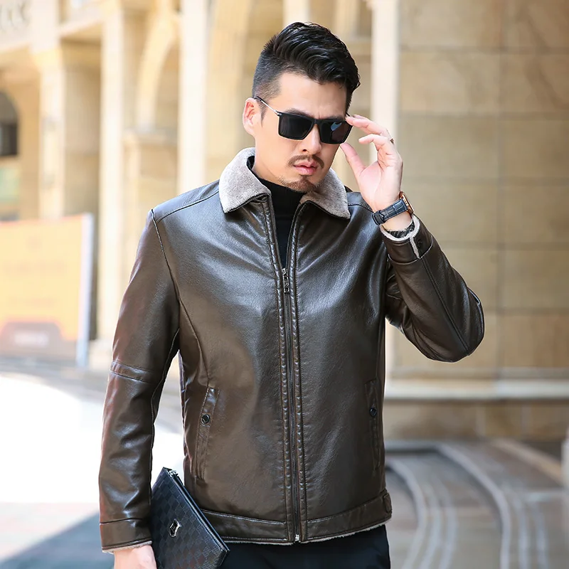 high quality Winter real Business Casual Leather Jacket for Men Fashion Brand Brown Sheepskin Jackets and Coats with Wool Lining