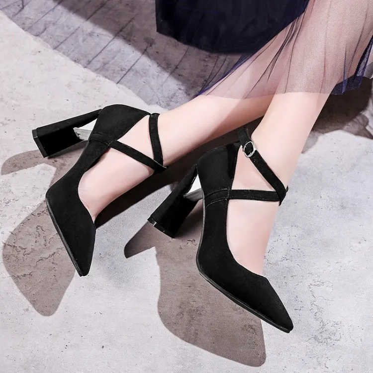 Big Size 11 12 13 14 15 ladies high heels women shoes woman pumps Suede pointed thick heel buckle with shallow opening