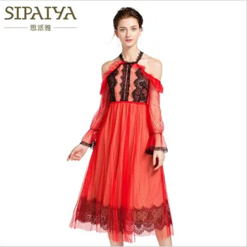 

Brand Quality New Design Black Lace Red Dot Dresses Mesh Patchwork Perspective Hollow Out Embroidery Elegant Lady Halter Dress