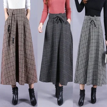 

Autumn Winter Long Plaid Skirts Women High Waist Skirt Pattern British Style Female Maxi Skirts