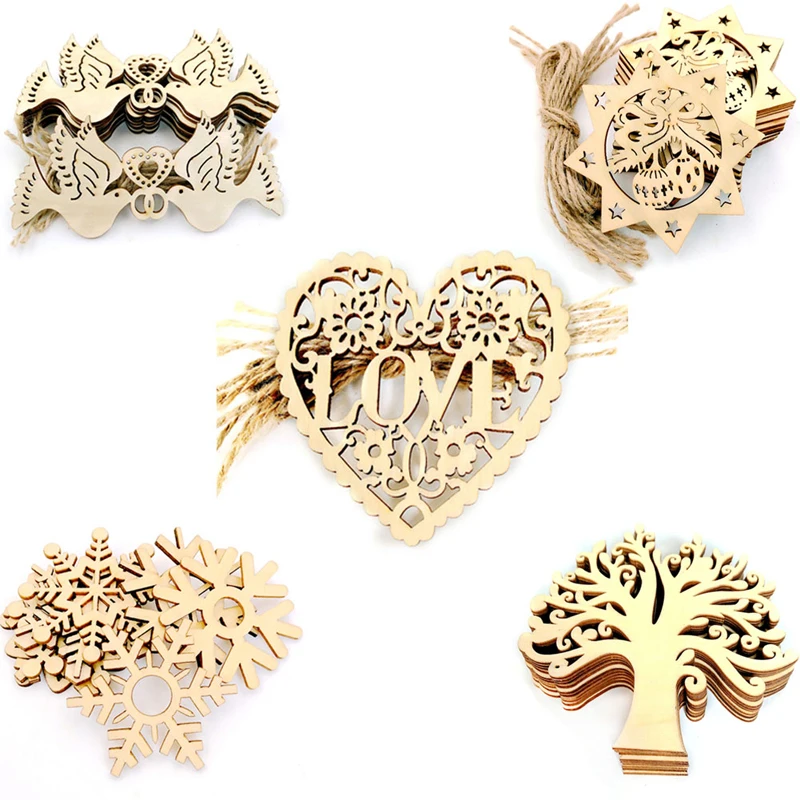10Pcs Cute Wood Snowflake Xmas Wedding Tree Hanging Ornament Decoration