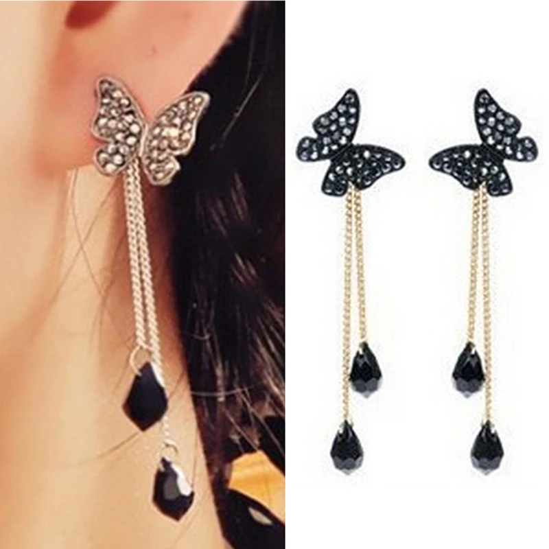 Elegant Fashion Stunning Charmming Tassel Crystal Butterfly Waterdrop Long Pendant Earrings Eardrop