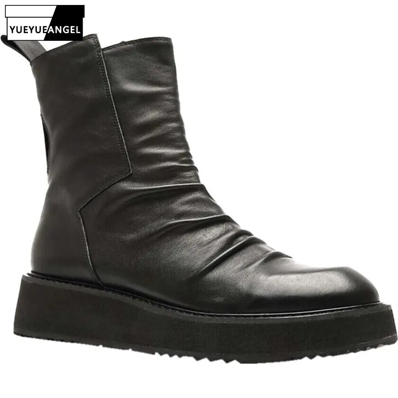 Fashion Men Thick Platform Ankle Boots High Top Genuine Leather Motorcycle Shoes Round Toe Zipper Military Safety | Обувь