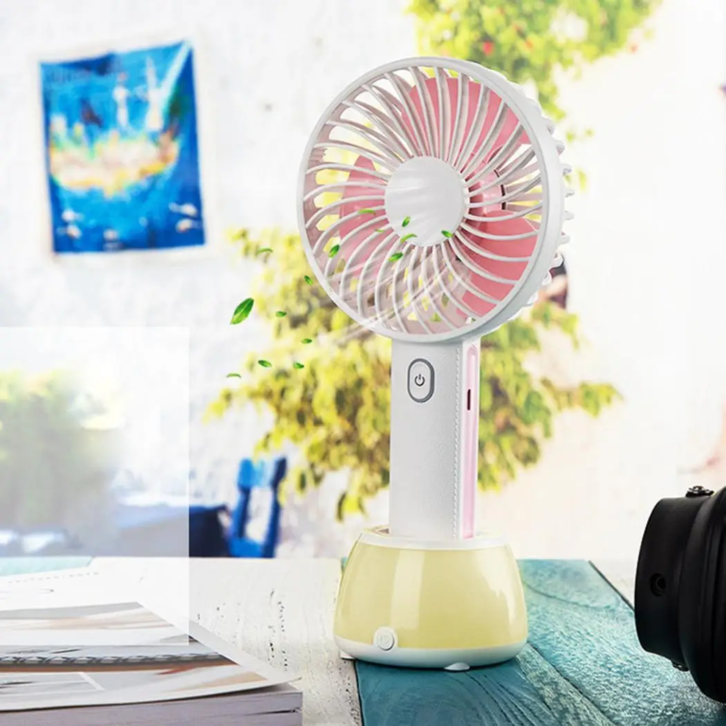 

USB Handheld Fan Portable 3-Gear Adjustment Rotary Vane Fans With Detachable Base LED Light Summer Desktop Mini Air Cooler