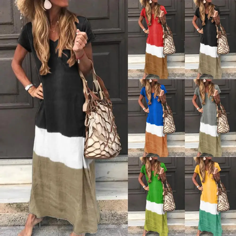 

Dress 2019Top Women Plus Size Daily Tie-dyed Color Block Loose V Neck Short Sleeve Maxi Dress
