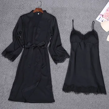 

Sexy Black Spring 2Pcs Robe Suit Strap Top Kimono Sleepwear Sets Casual Womens Home Wear Pajamas Nightwear New Bath Gown M L XL