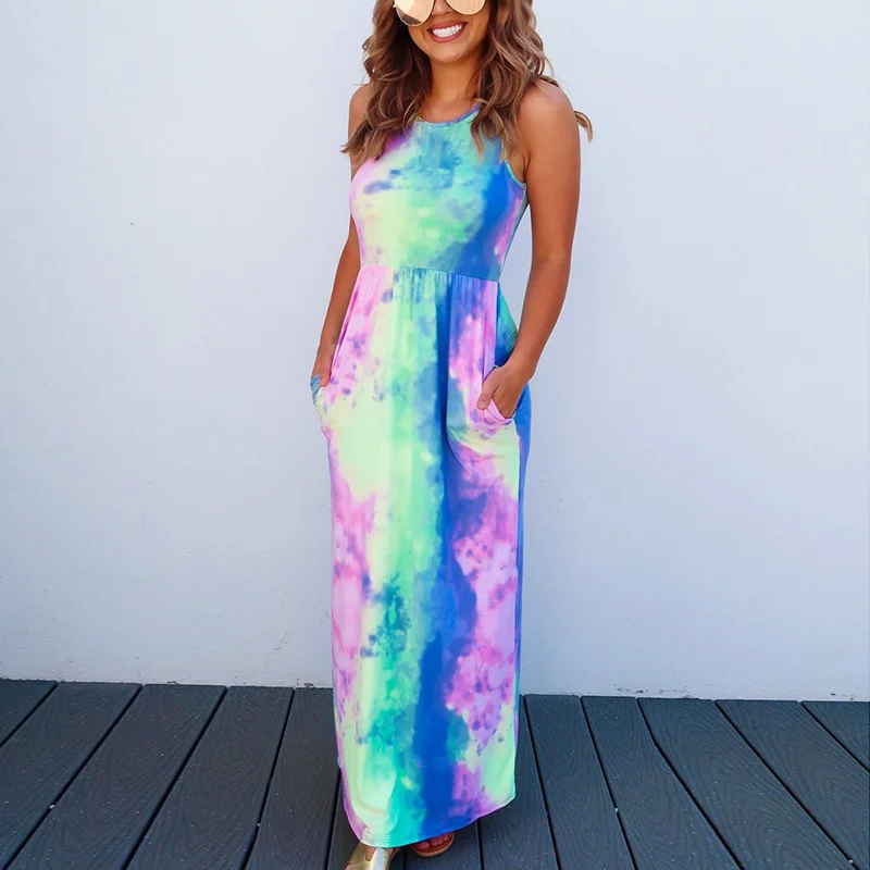 

Summer Vestido Halter Pocket Sleeveless Dresses Loose Tie-dyed Gradient Printed Women Dress