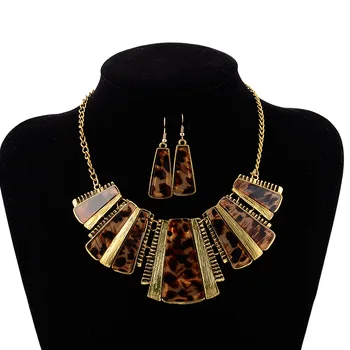 

2018 Vintage Square Stone Leopard Alloy Pendant Necklace Earrings Jewelry Set For Women Gift Accessories