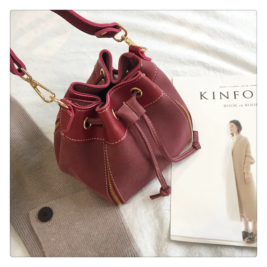MJ Women Leather Handbags Vintage Suede PU Leather Crossbody Bag Drawstring Bucket Bag Female Small Messenger Bags Korean Style (19)