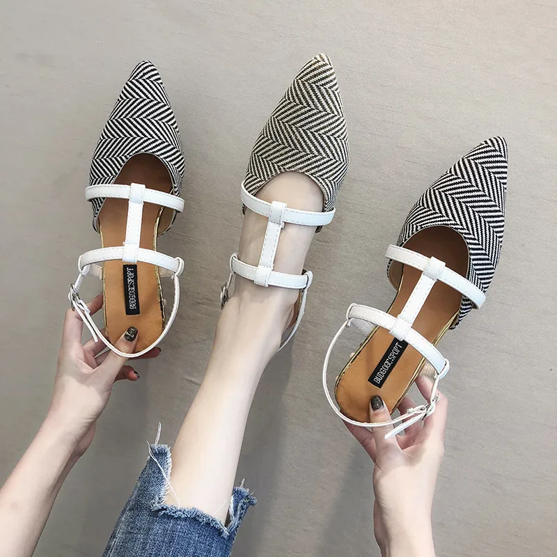 

Sexy Stripes pointy mules ladies t-strap roman slingback summer hollow flipflops women pearl stud low heels student sandals shoe
