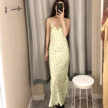 Sexy Sling Dot Dress Women Satin Fashion Sleeveless Straight V-Neck Dress Casual Womens Mid-Calf Slim Nightdress Party Dress mid calf flower print straight womens pants