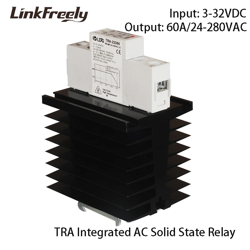 

TRA-23D60M1 2pcs High Quality 60A Soft Starting SSR Relay 3V 5V 12V 24V DC Input DIN Rail Solid State Relay With Heat Sink