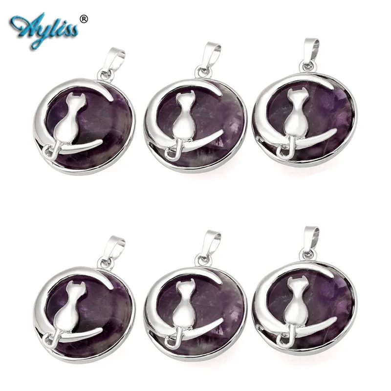 

Ayliss Wholesale Natural Stone Chakra Healing Crystals Round Gem Stone Pendant Necklace Silver Moon Cat Jewelry for Womens Girls