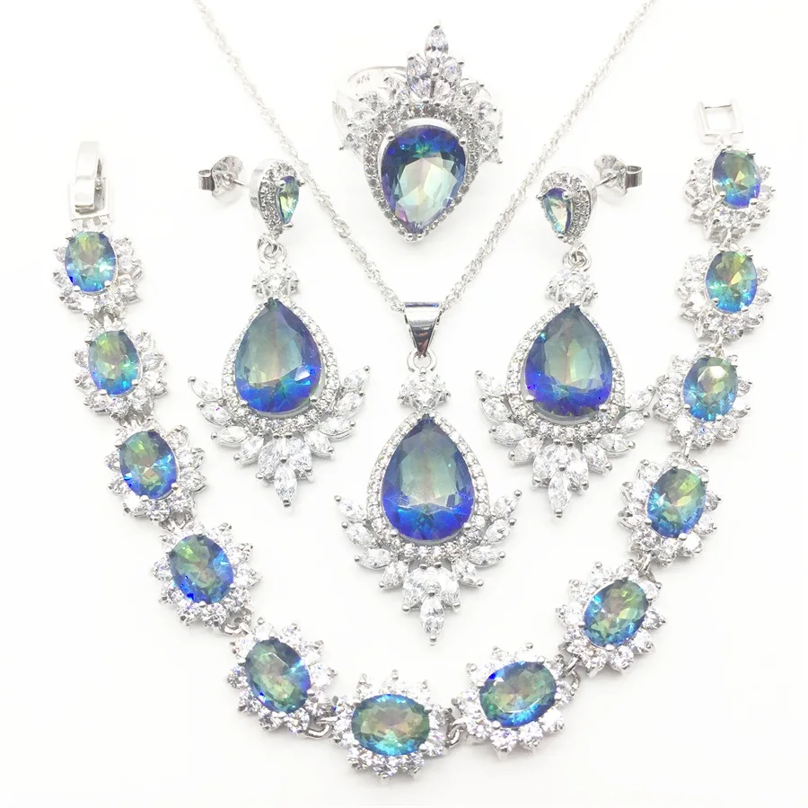 925 Silver Jewelry Sets Women Rainbow Zircon Christmas Earrings/Pendant/Necklace/Rings/Bracelets Set Jewelery | Украшения и