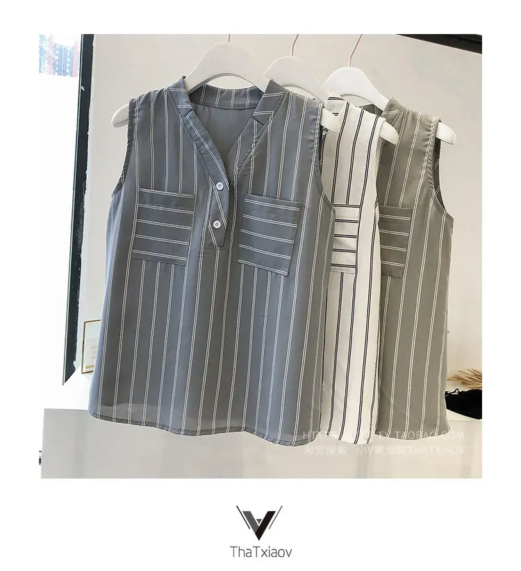 2018 Summer Womens Tops And Blouses Plus Size Striped Shirts Ladies Pocket Chiffon Blouse Casual Sleeveless Blusas Mujer M-4XL (10)
