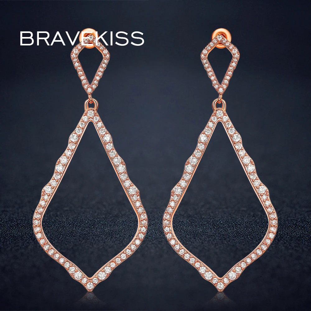

BRAVEKISS Big Drop Earrings Female Rose Gold Color Rhombic Hollow Dangle Earrings CZ Piercing EarDrop Jewelry Luxury BUE0319
