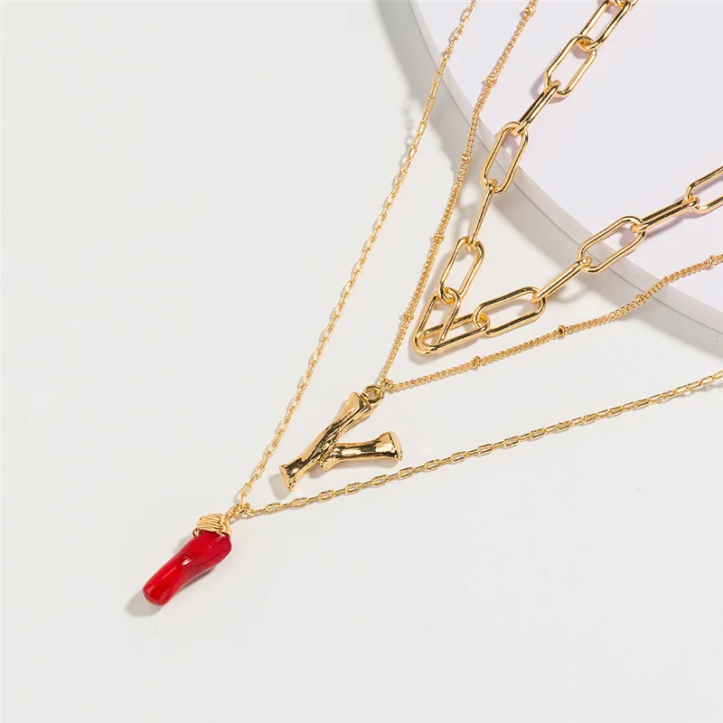 

DIY Gold Alloy Letter Pendant Long Chain Necklace Natural Red Coral Branch Pendant Lady 2-Multi-layer Necklace Jewelry For Gift