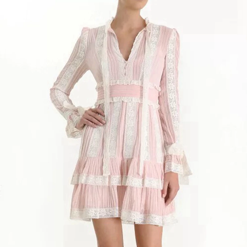 

Pink Black Long Sleeve Dress White Designer Dress High Quality 2019 Lace Women Ruffle Autumn Winter Midi Dresses Ladies Party