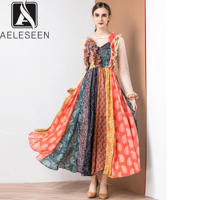 

AELESEEN 2019 Autumn New Fashion Print Dresses Women Vintage Printed Petal Sleeve Contrast Color Ruffles Lace Spliced Midi Dress