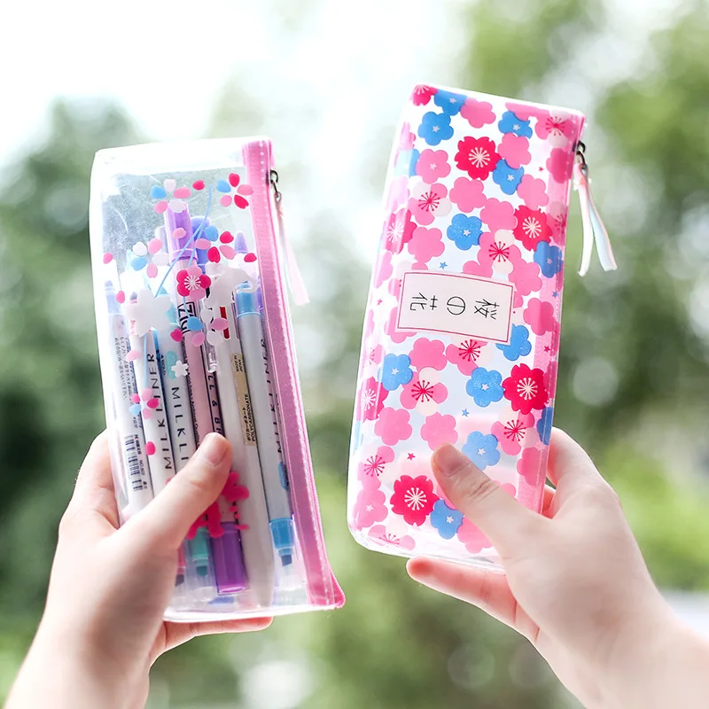 

Fresh Cherry Sakura Pencil Case Cute Transparent PVC pen pouch Stationery Storage Organizer Bag School Office Supplies Zakka