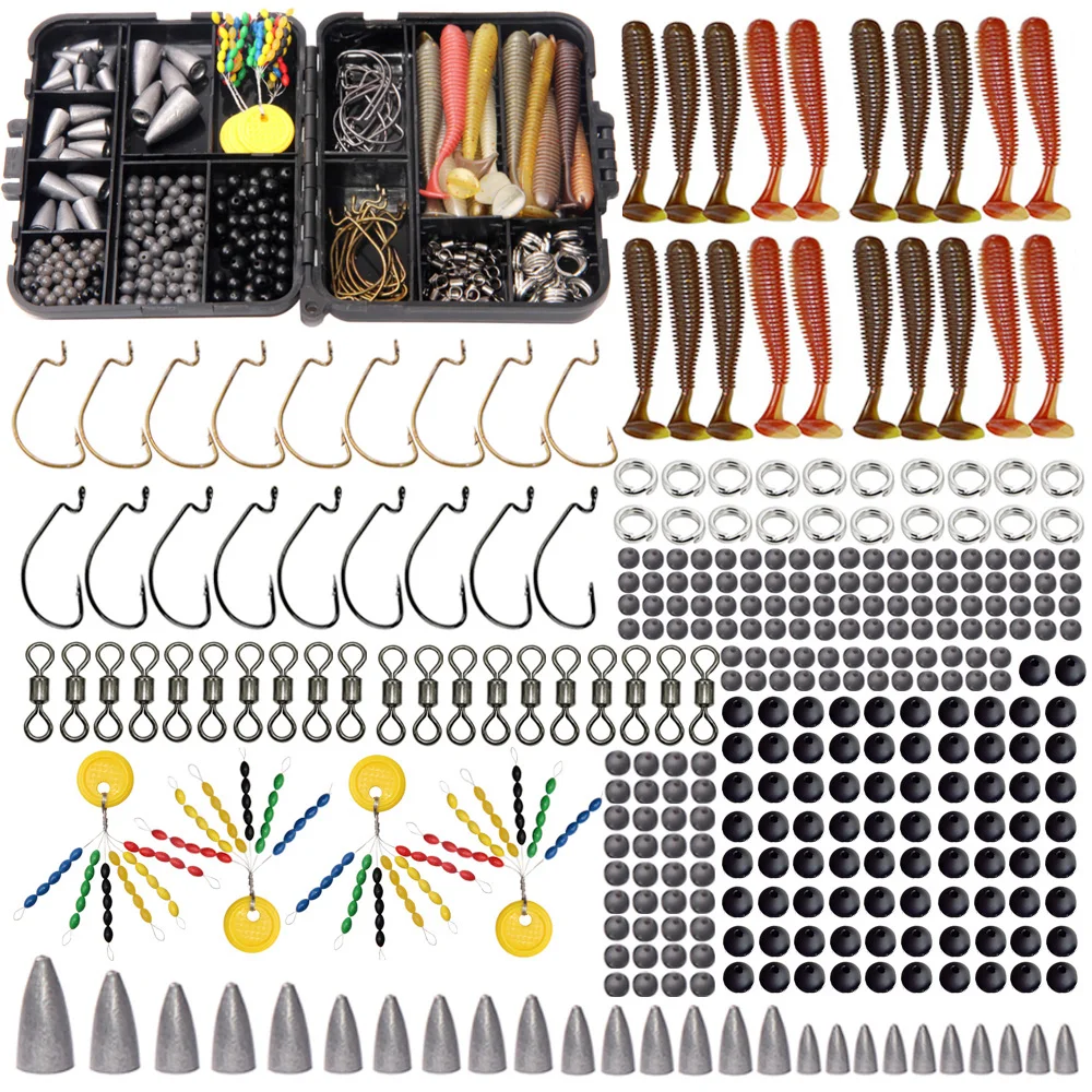 

370Pcs/Box Fishing Bullet Sinker Weights For Texas Rig Fishing Sinkers Hooks Rolling Barrel Fishing Swivel Beads Ring