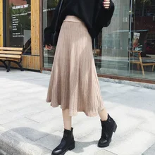 Винтажные Модные женские плиссированные юбки Элегантная трикотажная юбка новая осенне-зимняя повседневная трапециевидная длинная юбка с высокой талией