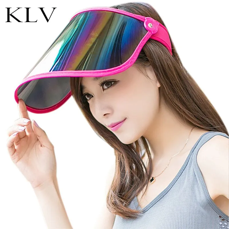 

Women Summer Empty Top Sun Visor Hat Rainbow Plastic Panel UV Protection Adjustable Angle Large Wide Brim Motorcycle Beach Cap