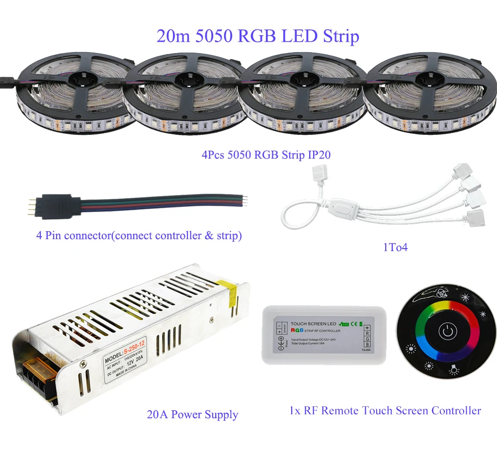 

5M/10M/15M/20M IP20/IP65 Waterproof 5050 RGB LED Strip Set + 7Keys 2.4G Wireless RF Touch Controller + 12V Power Supply Adapter