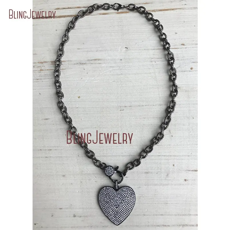 20190311-CN24379-gunmetal pave crystal clasp choker with gunmetal pave crystal heart pendant on gunmetal texturized chain