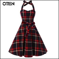 OTEN-Women-Vintage-Clothing-Summer-Sexy-Audrey-Hepburn-Style-vestidos-halter-Polka-Dot-Plaid-Printed-Pin